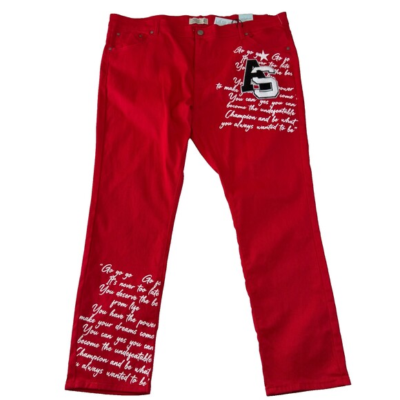 NWT Trestles Supply Co. Men's Red Jeans, Sz 46, Stretch, Motivational Text - Picture 2 of 15